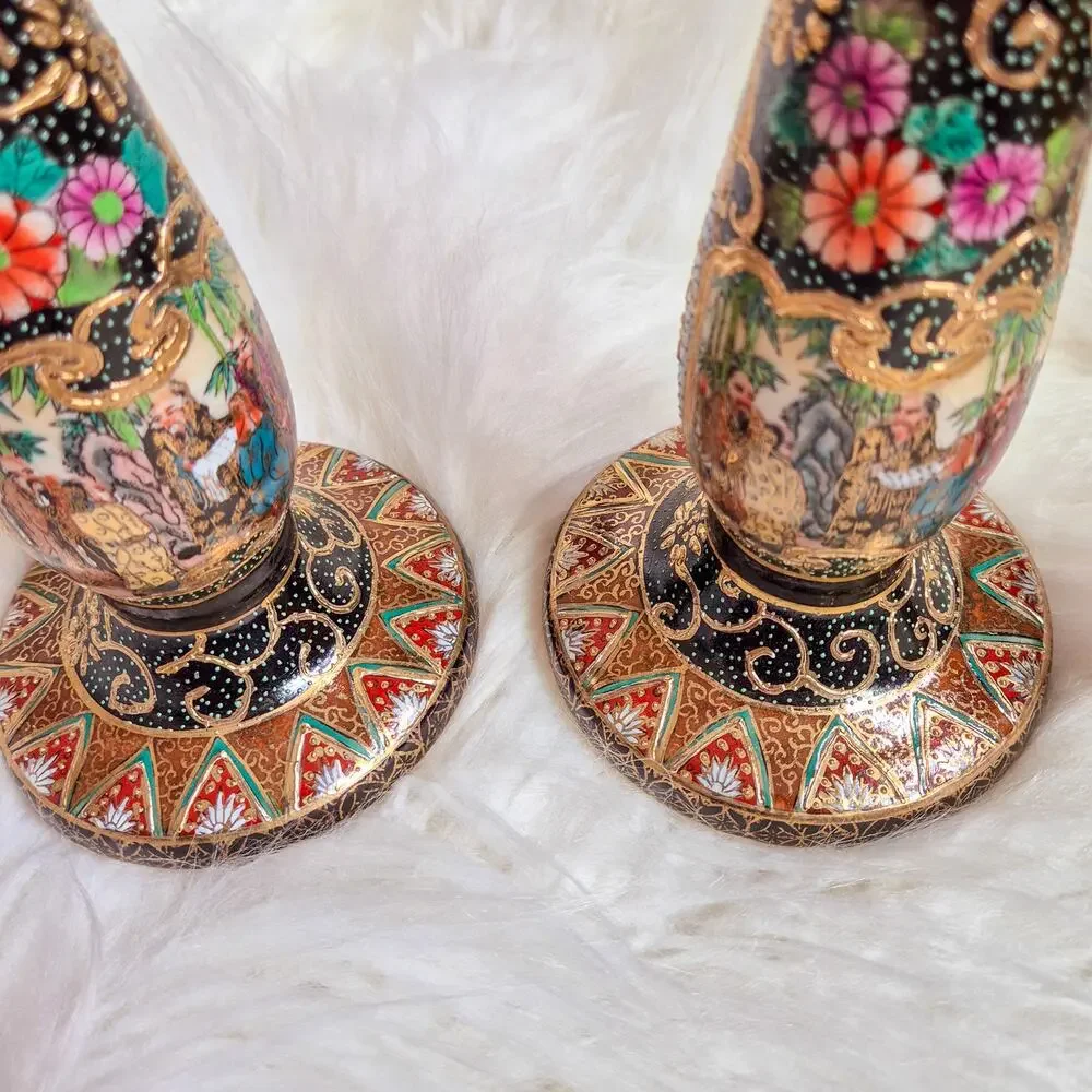 Vintage Handpainted Chinese Scholar Satsuma-style Porcelain Candlesticks